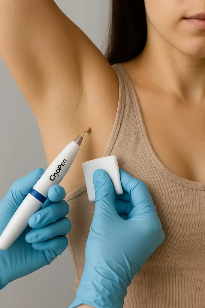woman having cryopen to remove underarm skin tags Burley